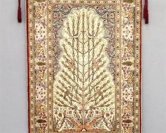 A 2.9 x 4.4' mid 20th century Turkish Kayseri Silk carpet.  Multicolor hand woven "Tree of Life" design with animal and scroll border.  Very good condition, used as a wall hanging only.  ESTIMATE $600-800