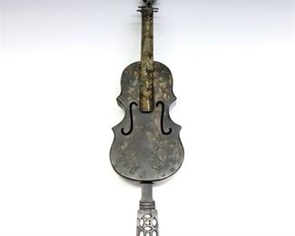 A Chinese cast Bronze figural lock and key.  Violin form lock with etched characters at neck and dragons on body.  Some surface wear and oxidation to patina.  5 x 3 x 18" high overall.  ESTIMATE $300-400