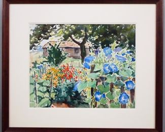 Tunis Ponsen, Dutch/American, 1891-1968.  Watercolor on paper landscape, titled "Summer Garden with Morning Glories".  Depicts a flower garden and small house.  Signed "Tunis Ponsen" lower right.  Very good condition, no damage noted, not examined out of the frame.  Image 22 1/2 x 17 3/4" high, framed 34 x 29 1/2" high overall.  ESTIMATE $1,000-2,000