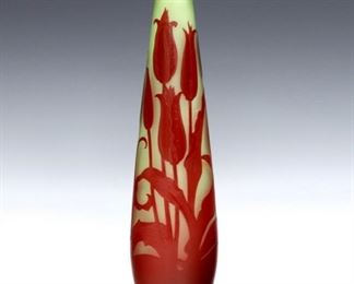 A D'Argental French Art Nouveau Cameo Glass vase.  Tapered form with Red overlay tulip and foliage decoration.  Signed in cameo "D'Argental".  Slight wear.  9 1/2" high.  ESTIMATE $300-400