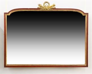 An early 20th century French Louis XVI style wall mirror.  Molded Mahogany frame with beveled mirror and applied Brass decoration.  Some wear, imperfections to the mirror silvering.  46 1/2 x 36 1/2" high.  ESTIMATE $300-400