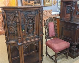Gothic Revival Cabinet, Carved Oak Dining Chair, American Walnut Buffet