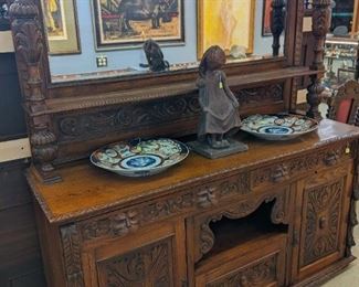 Carved Oak Buffet, Austin Productions Sculpture, Japanese Imari Chargers