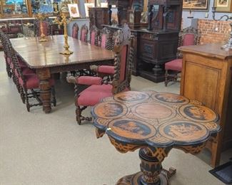 Venetian Marquetry Center Table, Oak Dining Table & Chairs, American Walnut Buffet, Reed & Barton Renaissance Pattern Candelabra, French Bronze Candelabra