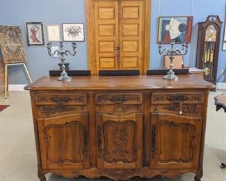 French Walnut Buffet, Silverplate Candelabra, Gerome Kamrowski Architectural Plaster Cast & Lithograph, David Alfaro Siqueiros Lithograph, Dali, Mid Century Cubist Abstract, Herschede Grandfather Clock