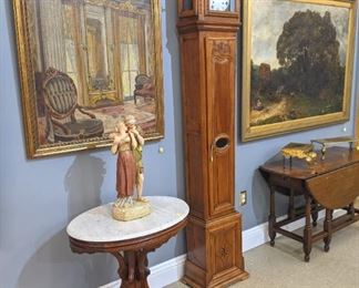 Victorian Parlor Table, Royal Dux Figure, Marie Blanke Genre Scene, Early French Grandfather Clock, British Rural Landscape, British Oak Table, Brass Footmen