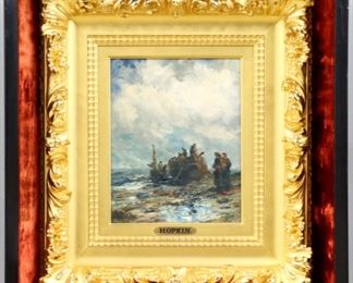 Lot 39: Robert Hopkin, Scottish/American, 1832-1909.  Oil on canvas seascape, depicts several fishermen unloading their catch at low tide.  Signed at the lower right "R. Hopkin", additionally signed verso.  This painting is  in a remarkable state of preservation without restoration, it retains its original gilded frame and shadowbox with paper label by "William O'Leary Fine Arts, 236 Woodward Ave., Detroit".  Image 7 x 9" high, framing 4 1/2 x 19 x 21" high overall.  ESTIMATE $1,500-2,500   NOTE: The Hopkin Club, later The Scarab Club in Detroit was named in honor of Robert Hopkin who mentored many Detroit area artists around the turn of the century.