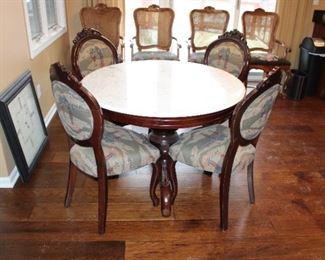 WOOD TABLE W/MARBLE TOP & 4 CHAIRS