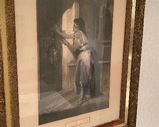 Lady locking Cupid away. Handmade frame circa 1840-1860. 