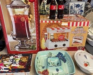 Crystal beverage dispenser,  hot dog roller grill (new in box), collectible U of A coca-colas