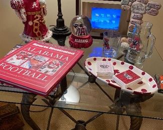 Glass top side table & U of A collectibles