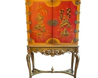 Lot 004-001
Antique Red Lacquer Chinoiserie Chinese Cabinet on Stand