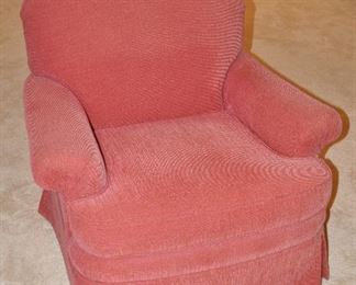 One of the Two Cozy Raspberry Upholstered Rolled Arm Lounge Chairs by Thomasville, 37”w x 36”h x 22”d