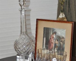 Wedgwood Rocks Glasses shown with an Antique Engraving by B. Duterreau "The Squires Door" c.1790,  Cut Crystal Decanter and a Vintage Hand  Painted Porcelain Dish