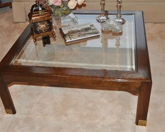 Mahogany and Beveled Glass Square Coffee Table, 41” Square x 16” h