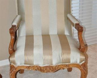 Wonderful Carved Maple Wood and Silk Upholstered  Bergere Armchair By Baker Furniture, 27"w x 42"h x 22"d