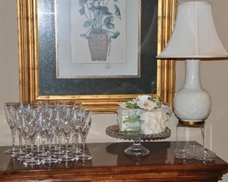 Two Sets of 8 Each Water and Wine Crystal Stemware by JG Durand Crystal and a Lovely Ivory Porcelain Table Lamp!