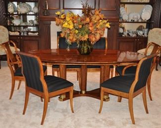 Spectacular Henredon, "Triomphe Collection" Brazilian Burl Veneer High Gloss Oval Dining Table with Banded Top, 80"long x 44"w x 29.5"h with an Additional 20" Leaf. Set Also Includes Custom Pads