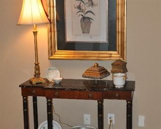 Antique Cherry Wood Console Table with Painted Pillars and Gorgeous Black Marble Top, 42"w x 31"h x 15"d