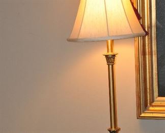 Wonderful Satin Brass Candlestick "Lion" Table Lamp with Silk Shade