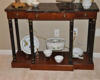Up-close view of the Antique Console Table. Bottom Shelf displays Royal Worcester Evesham, Ashford and Wedgwood Strawberry China Serving Pieces