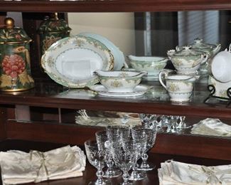 More Antique  Noritake China Pieces Shown with Vintage Etched Stemware  and Like New Ivory Napkin Sets