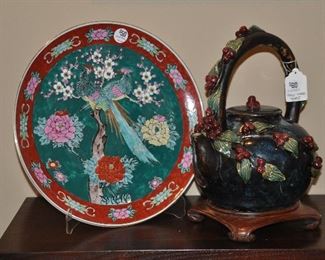 Great Gold Imari Decorative Plate shown with a Vintage Three Hands Painted Tea Pot!