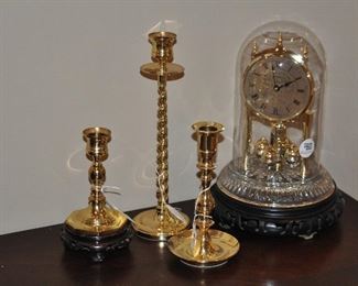 Vintage Gold Bulova Glass Dome Mantle Clock, Made In Germany Shown with Three Solid Brass Twisted candlesticks by Baldwin