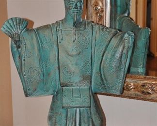 Vintage Austin Production Sculpture, "The Uesugi" (Shogun), Copper Patina Over Terra Cotta on Wooden Base, 13"w x 6"d x 16.5"h 