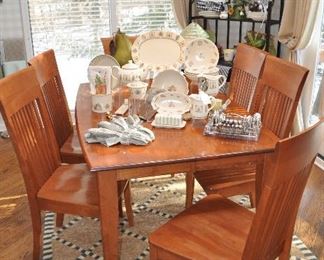 Amazing Maple Kitchen/Dining Table with 8 Slate Back Chairs, Made in Canada. Table Set as Rectangle Seats 6 But with a 20" Leaf Opens to a 80" Square Table for 8! Rectangle: 60"w x 38"d  x 30"h. Square: 80" x 80" x 30"h