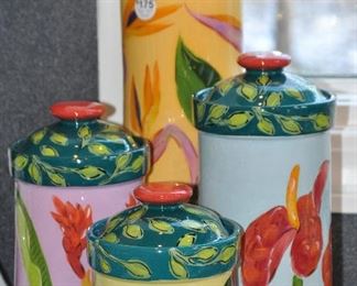 Fabulous Set of 4 Droll Designs Hand Painted Ceramic Canisters