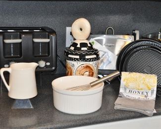 4 Slice Oster Toaster (SOLD) Shown with a Cuisinart Panini and Sandwich Press, Bake Ware and an Adorable Bagel canister