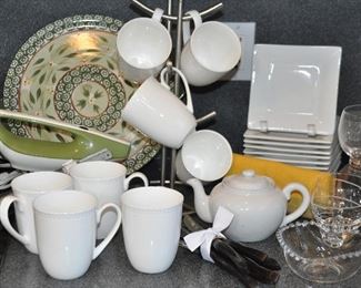 Great Entertaining Pieces Includes 2 Sets of 4 White  Mugs, 8 Crate and Barrel White Appetizer Plates, a Hamilton Beach Electric Knife and a Set of 6 Cutco Steak Knives