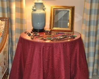 Large 30" Maroon Skirted Side Table with Glass Overlay