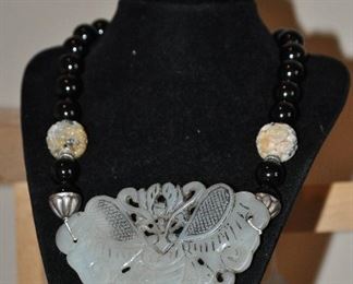 Vintage Black Beaded and Carved Jade Necklace