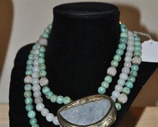 Three Strand  Beaded Jade Necklace with a Etched Silver and Jade Centerpiece