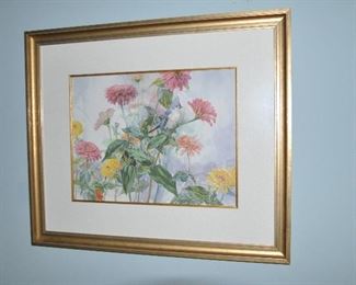 Lovely Floral and Bird Watercolor Limited Edition Giclee, “ Zinnias & Titmouse” Double Signed A/P by Michigan Artist Kathleen Chaney Fritz, 29” x 24 