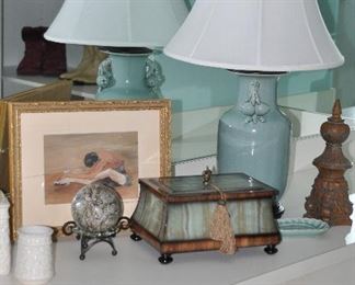 More Great Home Decor Including "The Stretch" Ballerina Watercolor Print Signed Marion Howard, 13" x 16" and a Beautiful Teal and Brown Lacquer Decorative Box, 11.75” x 6” h x 7.5” (SOLD)