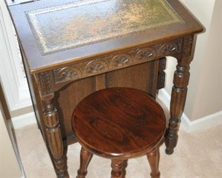 Petite Antique Carved Wood With Leather Top Flip Top Desk With 5 Side Drawers and Round Wooden Milking Stool, Desk: 18.25"w x 20"d x 28"h. Stool: 14” Round x 17”h