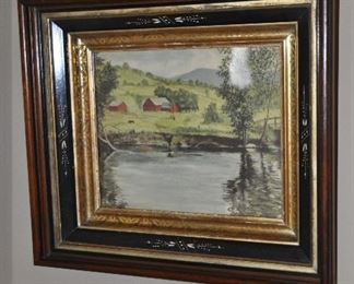 Gorgeous Antique Mixed Media Farm Landscape in an Antique Frame, 18" x 16" 
