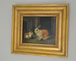 Fantastic Oil on Canvas "Bunny's" Signed. 14" x 6"