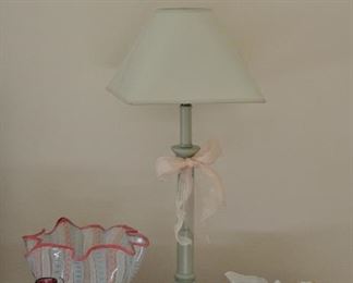 Pretty Pink and Green Decor Shown Including a Murano Glass Scalloped Ribbon Bowl with 1 of the 2 Seafoam Green Painted Candlestick Lamps Available!