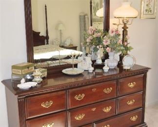 Wonderful Carved Wood and Brass Trim Georgian Style Cherry Dresser with 8 Drawers, 62"w x 16.5"d x 32"h