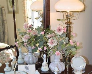 Additional Hand Painted Vintage Porcelain Shown with a Vintage 29" Brass with Glass Shade Table lamp and a White and Soft Pink Depression Glass Scalloped Vase with Floral Arrangement