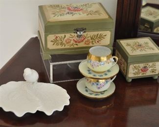 Painted Boxes, Hand Painted Vintage Porcelain Demitasse Cups and Saucers and a Porcelain Trinket Dish by Grace Tea Ware (SOLD)