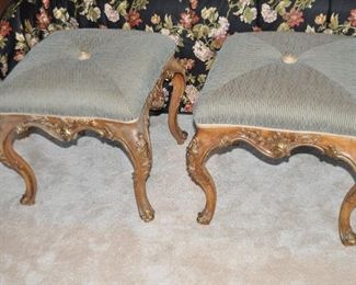 Wonderful Pair of Carved Painted Wood Louis XV Style Upholstered Stools, 22" Square x 19"h