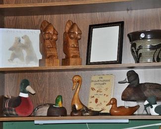 Carved and Fabric Duck Collection, Carved Bookends and More Pottery and Books