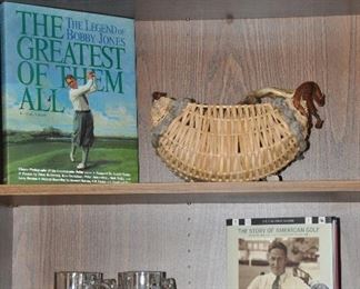 Great Golf Books, 4 Oakland Hills Walter Hagen Invitational Glass Mugs and a Great Hand Woven Basket