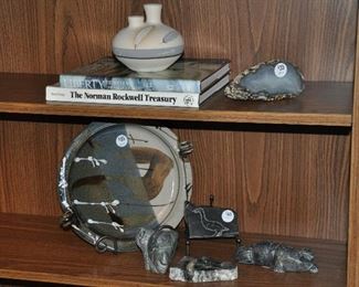 More Books, Signed Ceramic Pottery, Hand Made Painted Clay Feather Signed Wedding Vase, a Large  Agate Rock, and Several Hand carved Carved Inuit Figures