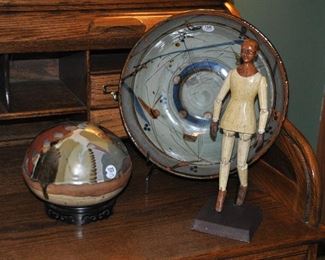 Still More Great Signed Pottery as well as Carved Jointed Wooden Figure on Stand 
